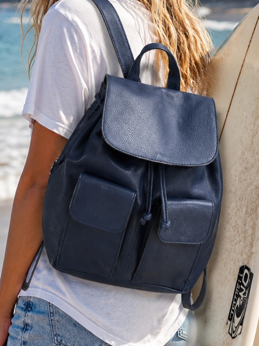 American Eagle Navy Faux Pebbled Leather Backpack Drawstring Bag Polka Dot